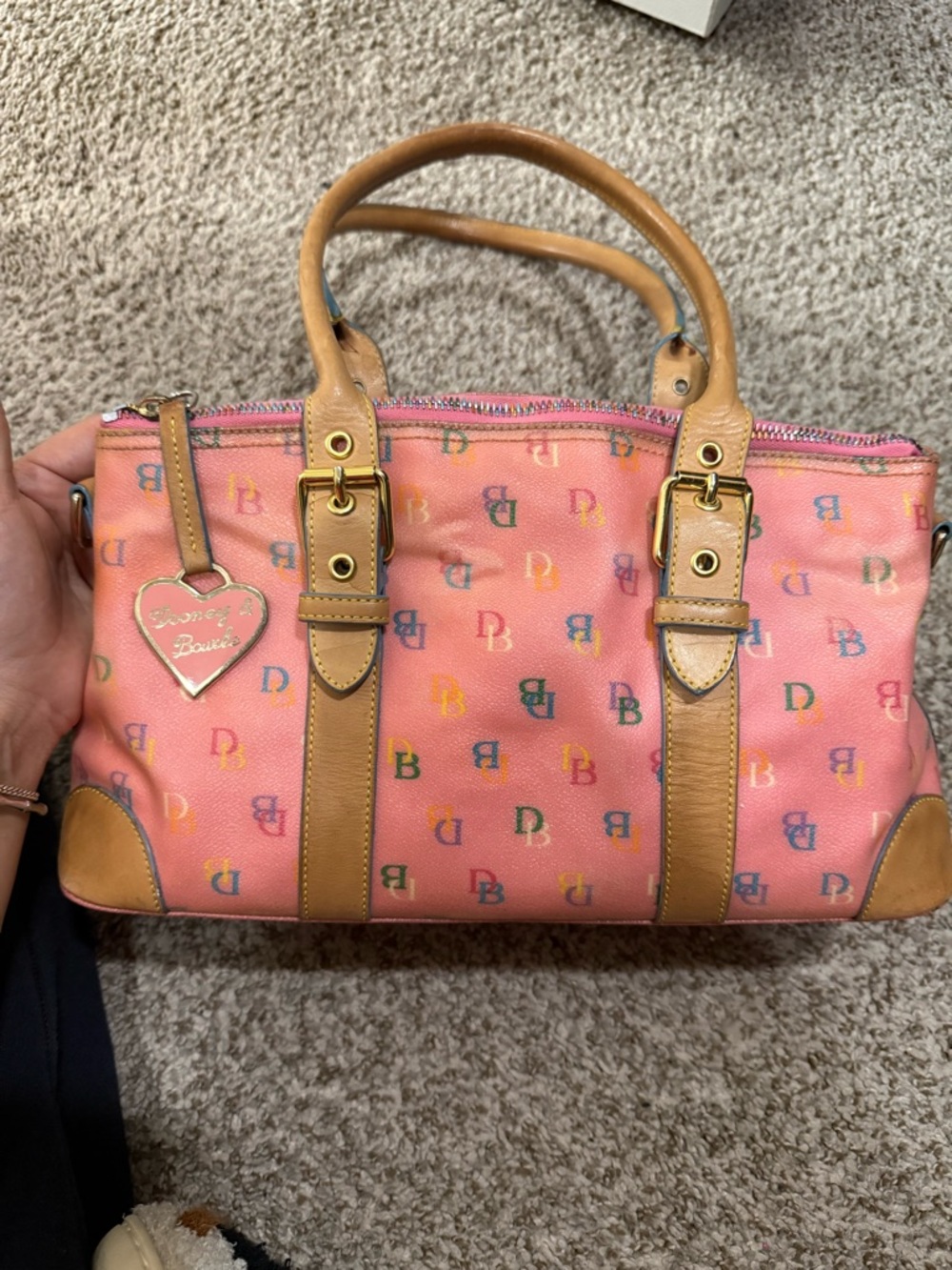 Dooney & Bourke Pink Multicolor DB Logo Satchel with Tan Trim